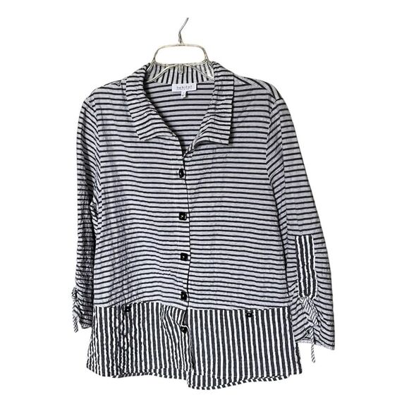 Habitat Clothes to Live In Gray Striped Ruched Sleeve Button Jacket Size Small - Picture 1 of 10